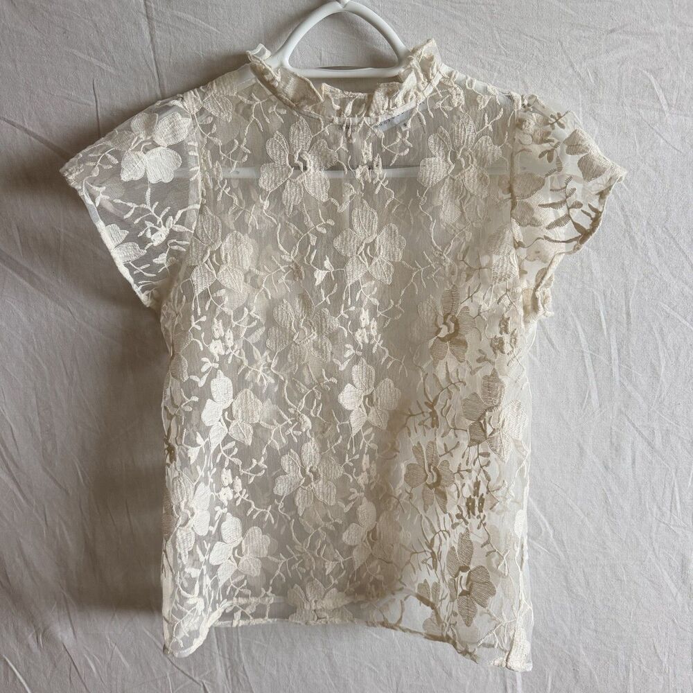 Endless Rose Sheer Floral Embroidered Mesh Blouse Ivory Ruffle Neck Sz S Fairy - Picture 3 of 13